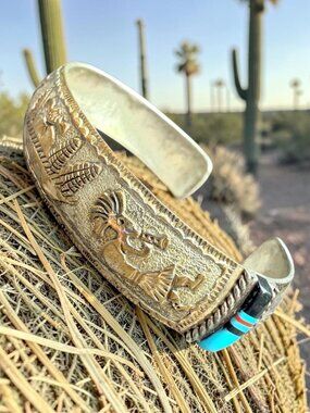 PRICE DROP "Randy Mahooty" Storyteller Kokkopelli Bracelet 925 12k GF Turquoise